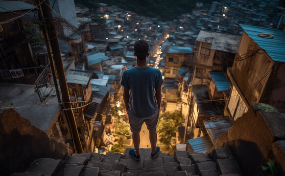Sad and unhappy boy standing over night poor Favela Brazil Rio de Janeiro district houses and thinking about next life steps. Mental health, life changing decisions, social issues and travel concept