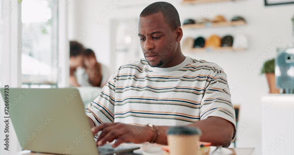 Poster black man, thinking on computer and cafe for online planning or decision in graphic design career. c