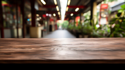 photo wooden surface looking out to blurred restaurant Generated by AI