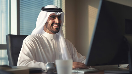 Portraits of a successful Handsome Happy Emirati Arab man at business office wearing traditional emirates Kandura white dress looking at camera. ideal for Middle East business concept. AI.