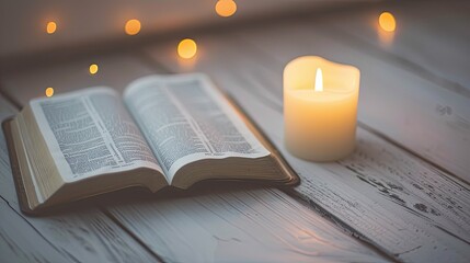 an open holy book, the Bible, next to a burning candle on a white wooden table, while communicating with God