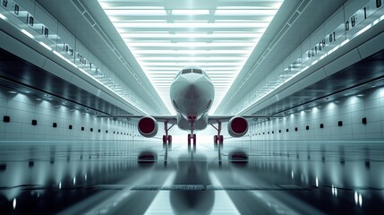 Modern passenger aircraft in airport hangar