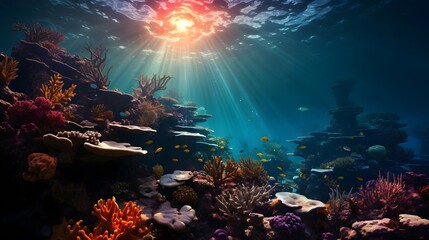 Underwater panorama of coral reef with fishes and corals. - obrazy, fototapety, plakaty
