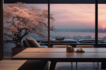 Realistic closeup of luxurious Modern Kitchen Interior, Efficient Modern Kitchen Sleek Design, close view of table and see outside to sunset, decorated with a variety of accessories