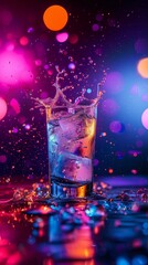 Whiskey glass with ice cubes and water splashes at bright multicolored neon background