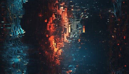 Abstract digital background with blue and orange lights, resembling a futuristic cityscape.