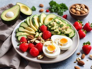 Photo plate with a paleo diet food, boiled eggs, cherry and strawberries, paleo breakfast Generative Ai