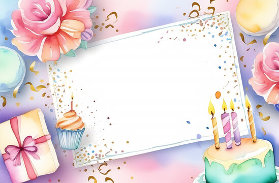 Frame in pastel colors with free space for text, image of birthday cakes, candles, gift boxes with big bows, flowers and chocolates.