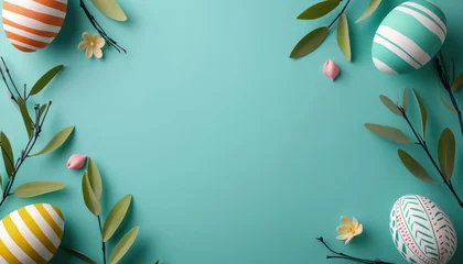 Foto op Plexiglas easter egg decorations with spring foliage on teal background with copy space for text   © Klay