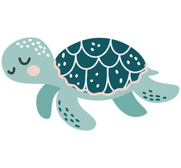 Flat vector illustration in children's style. Cute turtle with smiling face on white background . Vector illustration