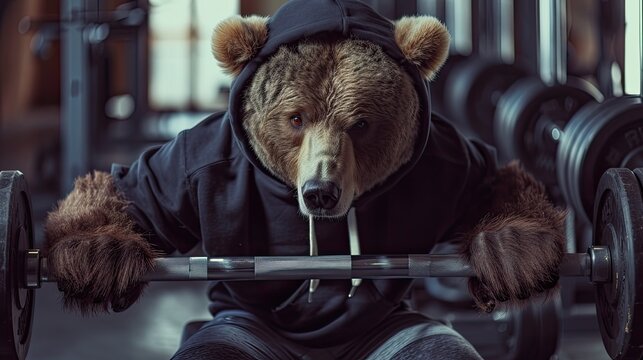 a bear with fur and brown eyes dons a black hoodie and grey shorts, showcasing strength and determination while lifting heavy weights in the gym, enveloped in an atmosphere of motivation.