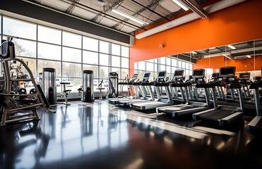 Fully equipped gym interior with bodybuilding machines. Generative AI
