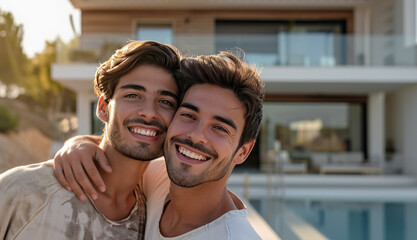 pareja de hombres jovenes enamorados y sonrientes haciéndose un selfie sobre fondo de chalet independiente con jardín y piscina