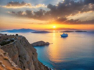 photo sunset on the aegean sea coast, ship and land in the distance  - obrazy, fototapety, plakaty