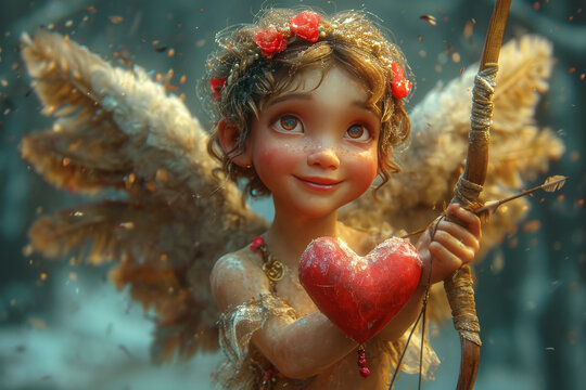 imagen de dibujo animado de cupido con alas y corona de flores,  apuntando con un arco y sujetando un pequeño corazón rojo en su mano, sobre fondo bokeh
