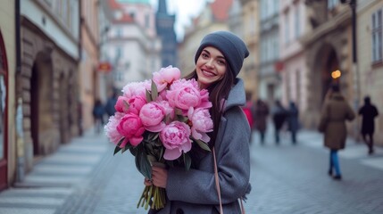 Fototapeta premium a 35-year-old woman, her face illuminated by a bright smile as she gracefully holds a large bouquet of peonies, her tall stature and elegant coat adding to the allure of the scene.