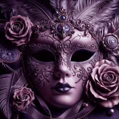 a purple mask with a purple rose on it, a stock photo , shutterstock contest winner, rococo, behance hd, ornate, rococo