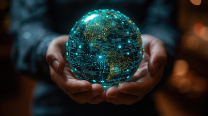 A pair of hands offering a cybernetic globe with intricate circuits and radiant light points, depicting global digitalization.