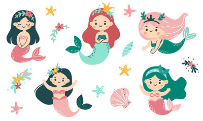 Cute vector set in children's style. Cute mermaids in different poses, starfish and flowers . Vector illustration