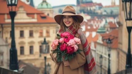 a 35-year-old lady, radiating happiness as she carries a large bag filled with vibrant peonies, her tall stature and elegant coat adding to the charm of the scene.