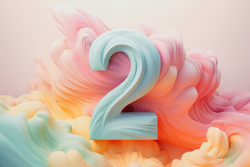 3D number two on colorful, dreamy background. Symbol 2. Invitation for a second birthday party, business anniversary, or any event celebrating a second milestone. Pastel colors. - obrazy, fototapety, plakaty