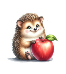Cute hedgehog with an apple. Watercolor illustration isolated on white background