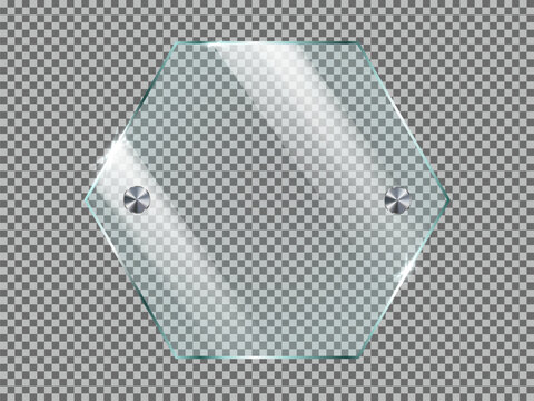Glass or plastic plate with metal mounts. Realistic vector illustration isolated on transparent background.