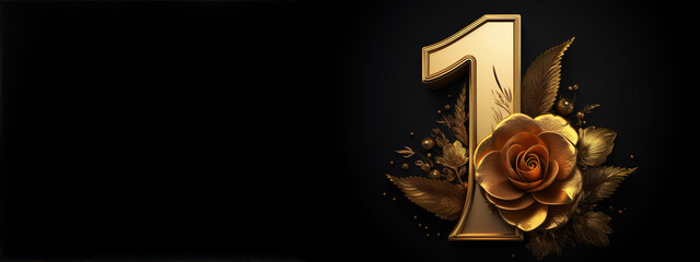 Golden number one with flowers on black background with copy space. Symbol 1. Invitation for a first birthday party, business anniversary, or any event celebrating a first milestone.