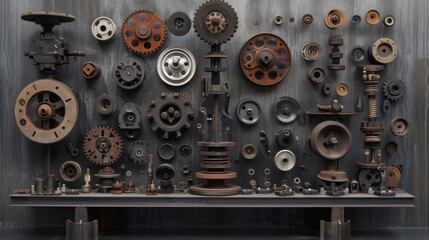 drum brakes, gears, and assorted metal components artfully displayed on a pedestal, against a grey, oxidized background, evoking an industrial ambiance that celebrates precision and craftsmanship.