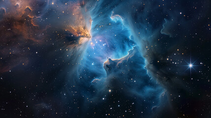 A celestial nebula brimming with stars, nebulous clouds with hues of blue and specks of white...