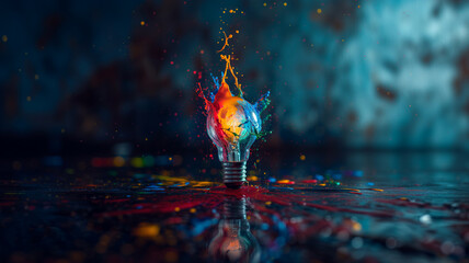 Light bulb explodes with colorful paint and splashes. Think differently creative idea concept