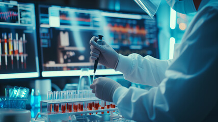 A scientist conducting research in a modern laboratory, meticulous hands handling a pipette and test tubes.