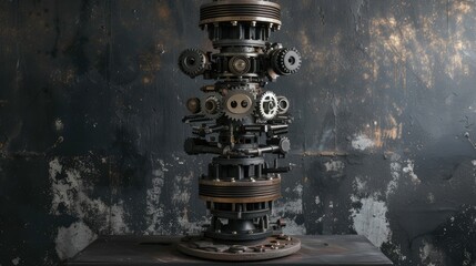 drum brakes, gears, and assorted metal components artfully displayed on a pedestal, against a grey, oxidized background, evoking an industrial ambiance that celebrates precision and craftsmanship.