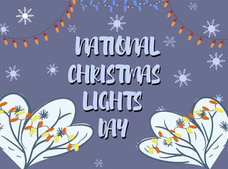 Fototapeta na wymiar National Christmas Lights Day. December 1. Flat design vector. Winter houses, garlands, snowflakes, trees.