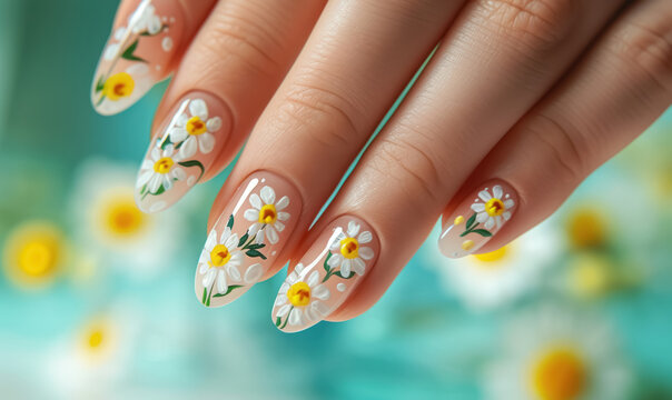delicate daisy nail art design on clear polished fingernails over floral defocused  background