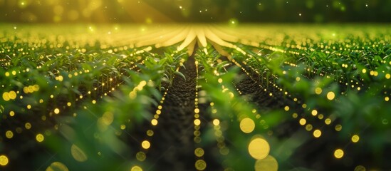 Smart farming and precision agriculture concept illustrated with digital icons, visualizing 40 green rice seedlings fields.