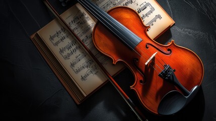 Fototapeta premium a violin accompanied by its bow and sheet music, elegantly poised on a black background, with clean lines and natural shadows enhancing its ultra-detailed craftsmanship.