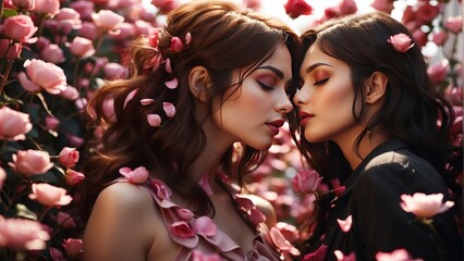 Two women in roses on valentine's day