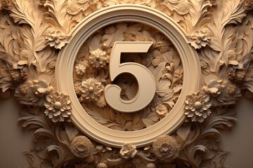 Ornate number 5 set against a floral relief backdrop, ideal for anniversaries, special occasions, and event branding that requires a touch of elegance.