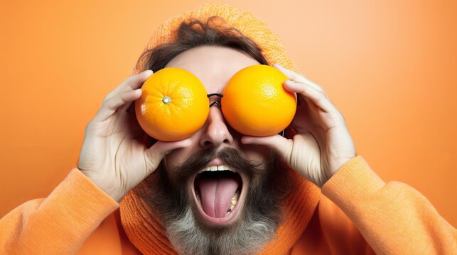 Man Holding Two Oranges up to His Eyes