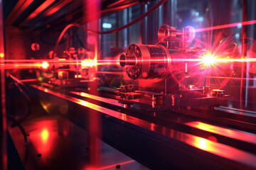 Intense red lasers pierce through the controlled chaos of a dynamic research lab, a dance of light and precision engineering leading the charge in optical experiments.