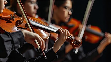 a violin accompanied by its bow and sheet music, elegantly poised on a black background, with clean lines and natural shadows enhancing its ultra-detailed craftsmanship.