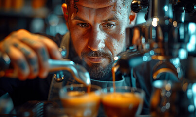 Bartender making coffee at the bar counter. Barista putting milk into a coffee - obrazy, fototapety, plakaty