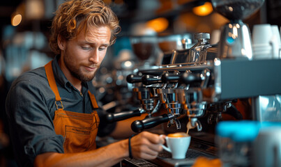 Fototapeta na wymiar Handsome barista making cup of coffee while standing at the bar counter in cafe. Barista putting milk into a coffee