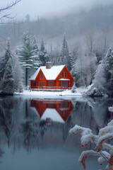 Red house and lake in the winter. Cabin is surrounded by snow on a snowy pond