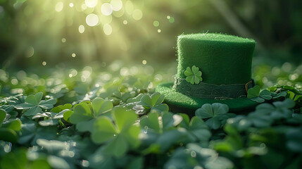A green Leprechaun hat lies among the clover leaves in the forest.