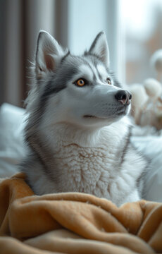 Beautiful husky dog is lying on the bed and looking out the window. A big husky dog is next to a bed