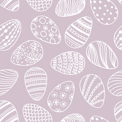 Hand drawn seamless pattern with many white lined easter eggs with different dots, waves, lines.Easter party ornament background on pink - obrazy, fototapety, plakaty