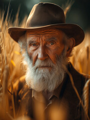 Old farmer with beard and hat in wheat field. Farmer walking over a crop of wheat