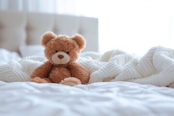 Cute little teddy bear lying alone on white bed in morning